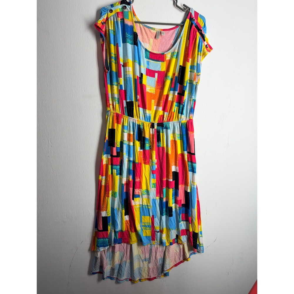 Madison Women Colorful Geometric High Low Dress Elastic Waist Button Shoulder L